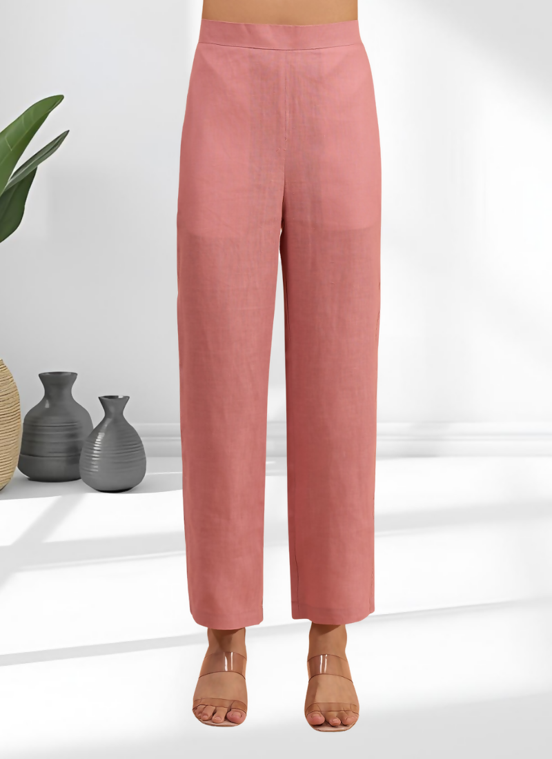 Pink Linen Embroidered Long Kurta with Pant Set for Women