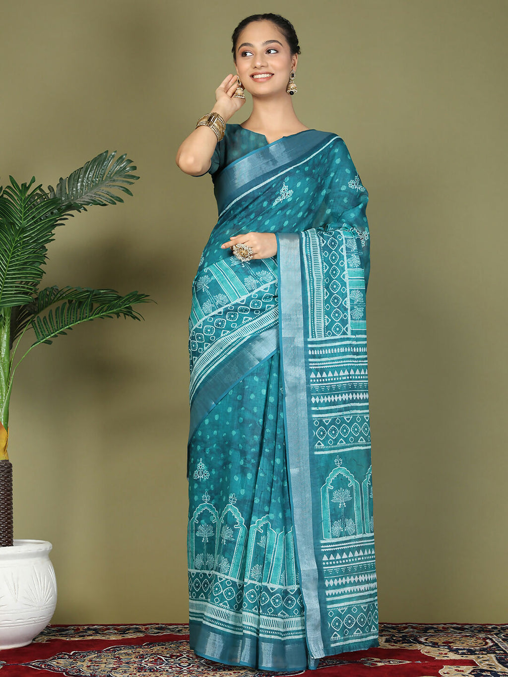 Sea Green Cotton Saree with Matching Blouse Piece