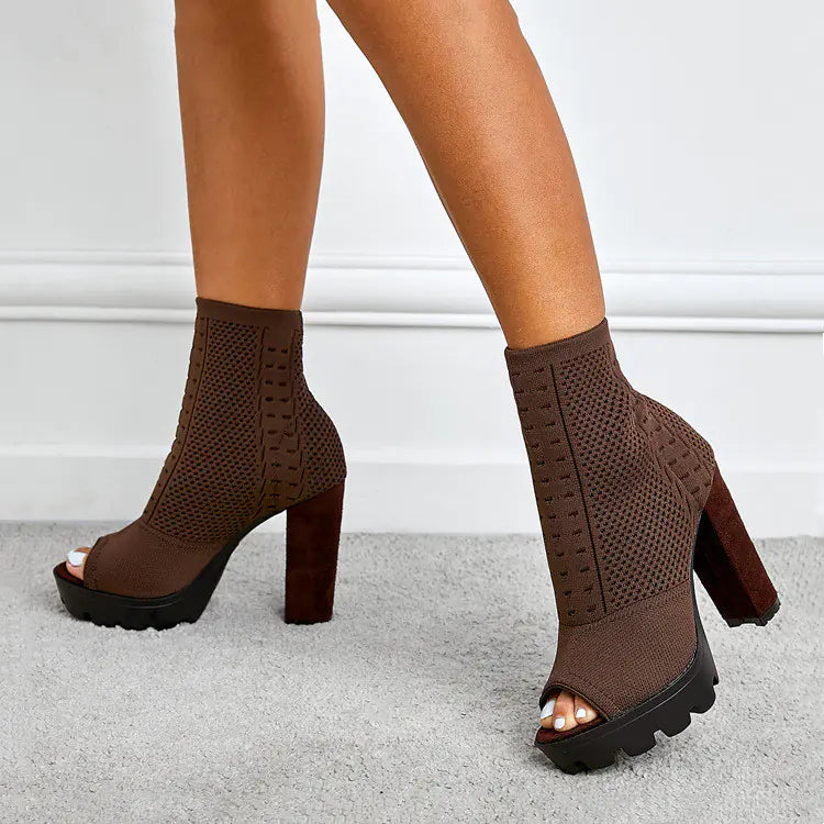 Women Chunky Heel Knit Sock Booties Open Toe Platform Shoes - Image 19