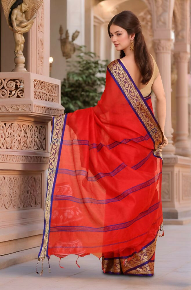 Women Red & Blue Cotton Saree Trendy Traditional Ethnic Wear