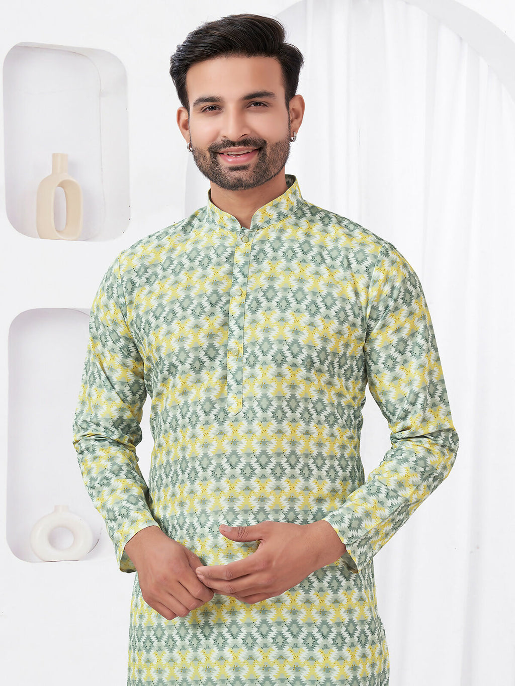 Boys Yellow Printed Rayon Cotton Kurta Pyjama Ethnic Set