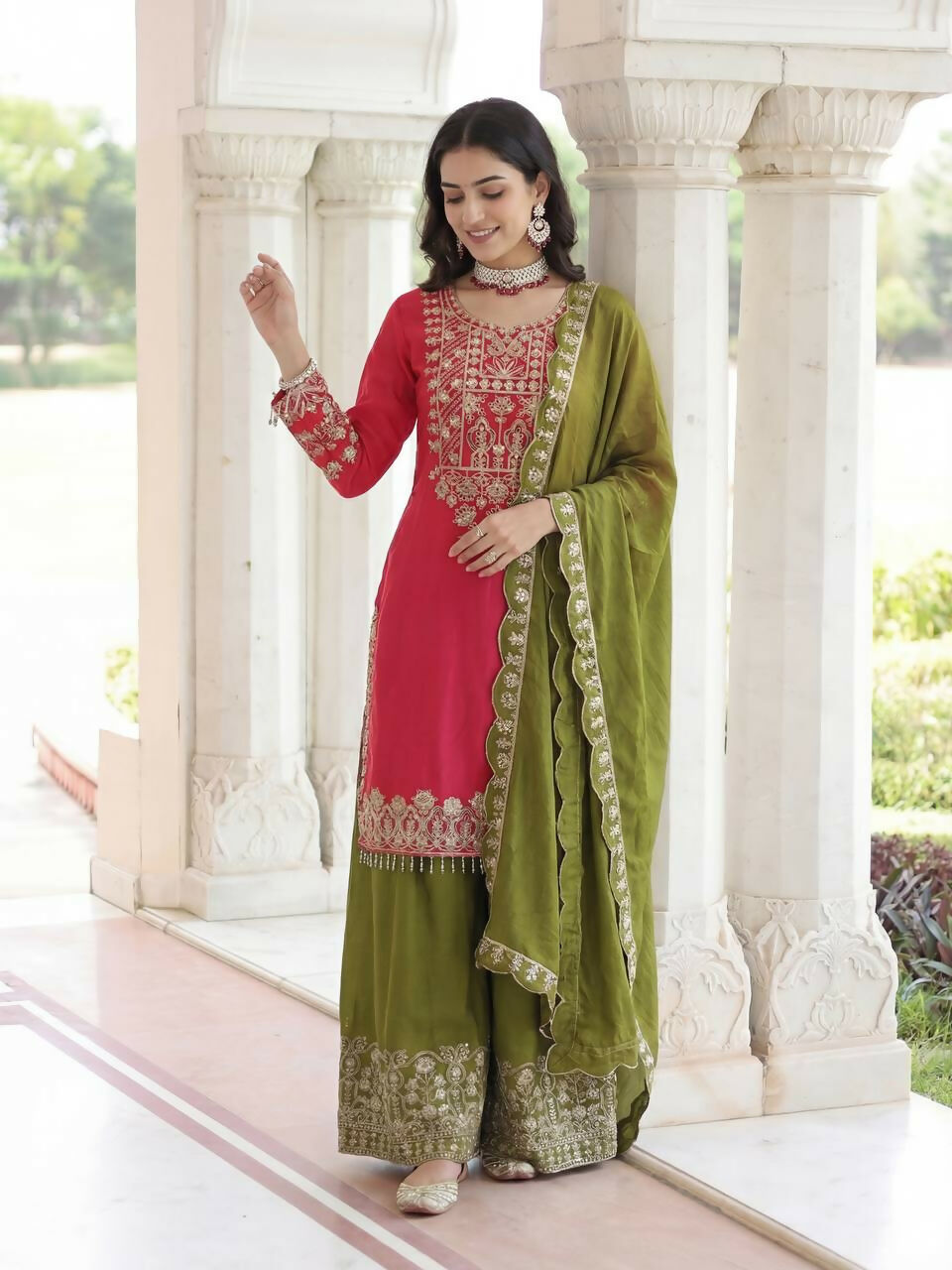 Elegant pink silk embroidered kurti and sharara pant set with matching dupatta