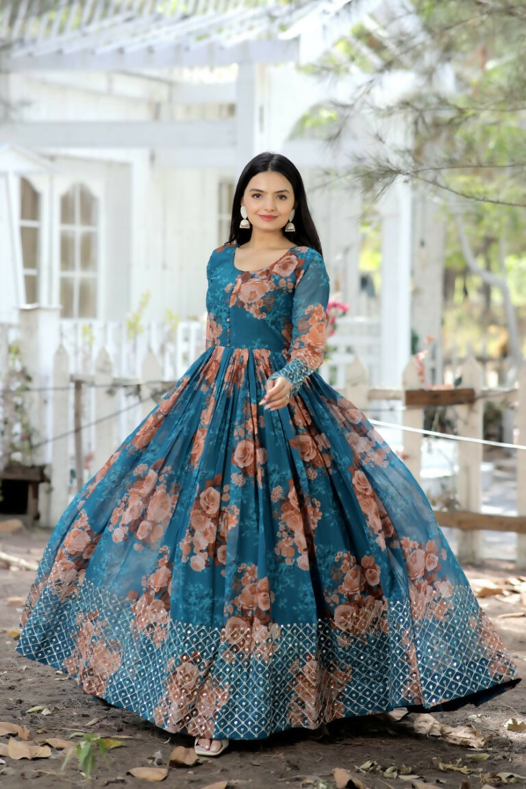 Teal Faux Georgette Anarkali Dress with Sequence Zari Embroidery