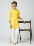 A vibrant yellow cotton kurta and pyjama set for kids with detailed sequin work, perfect for festive occasions.
