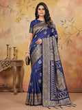 Sophisticated navy blue silk blend saree featuring a smooth, elegant drape.