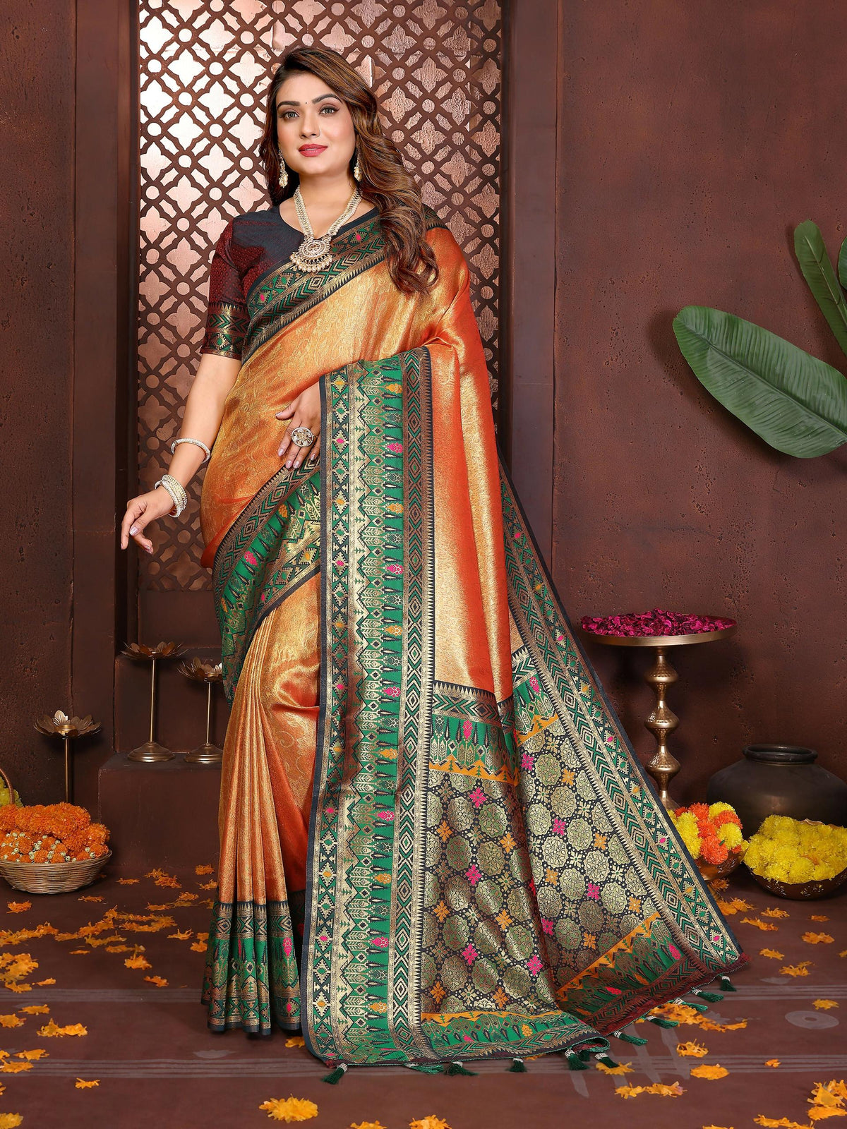 Aastha Fashion orange tissue silk weaving saree with a red contrast blouse piece