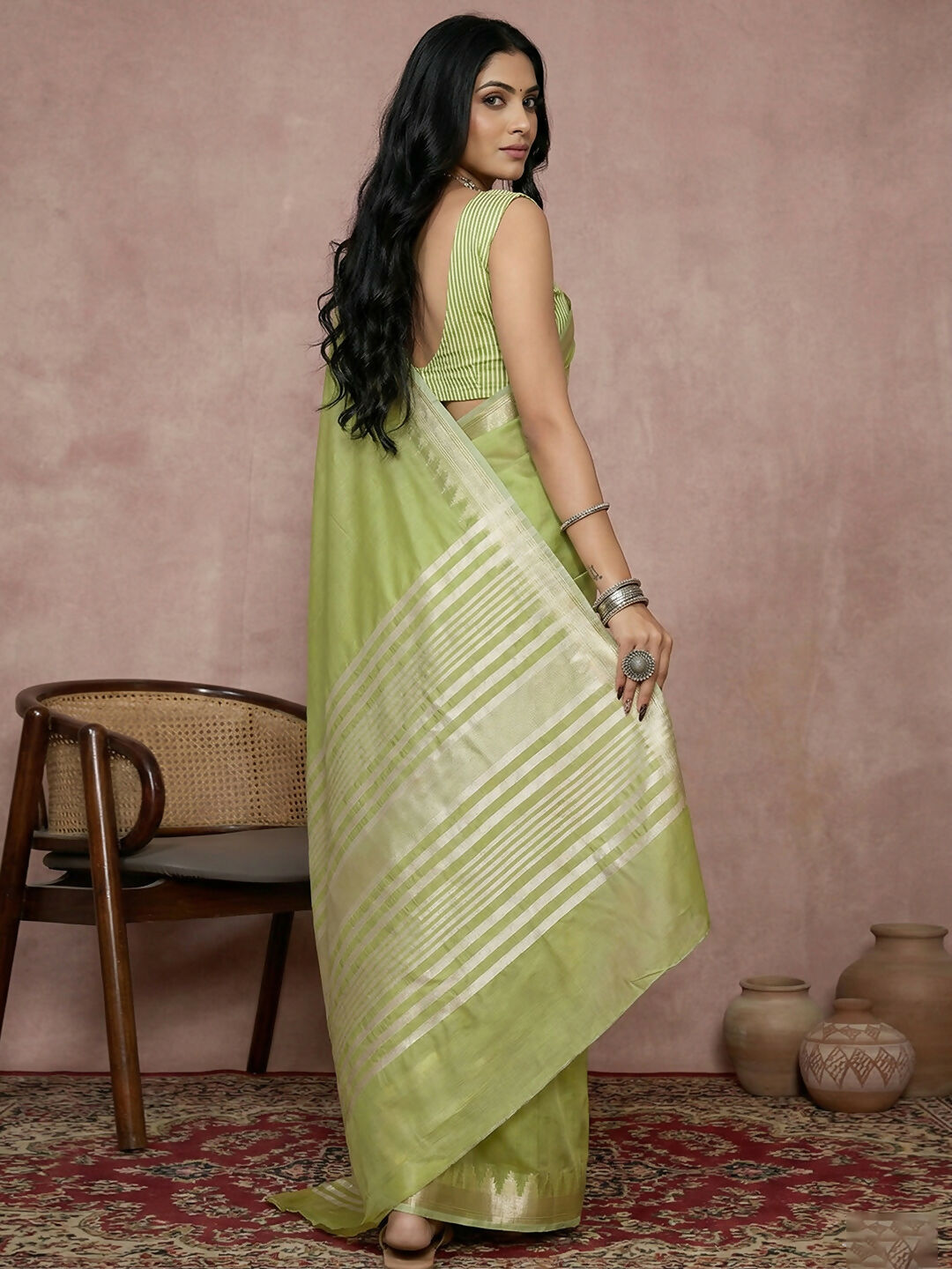 Light Green Cotton Saree with Matching Blouse Piece