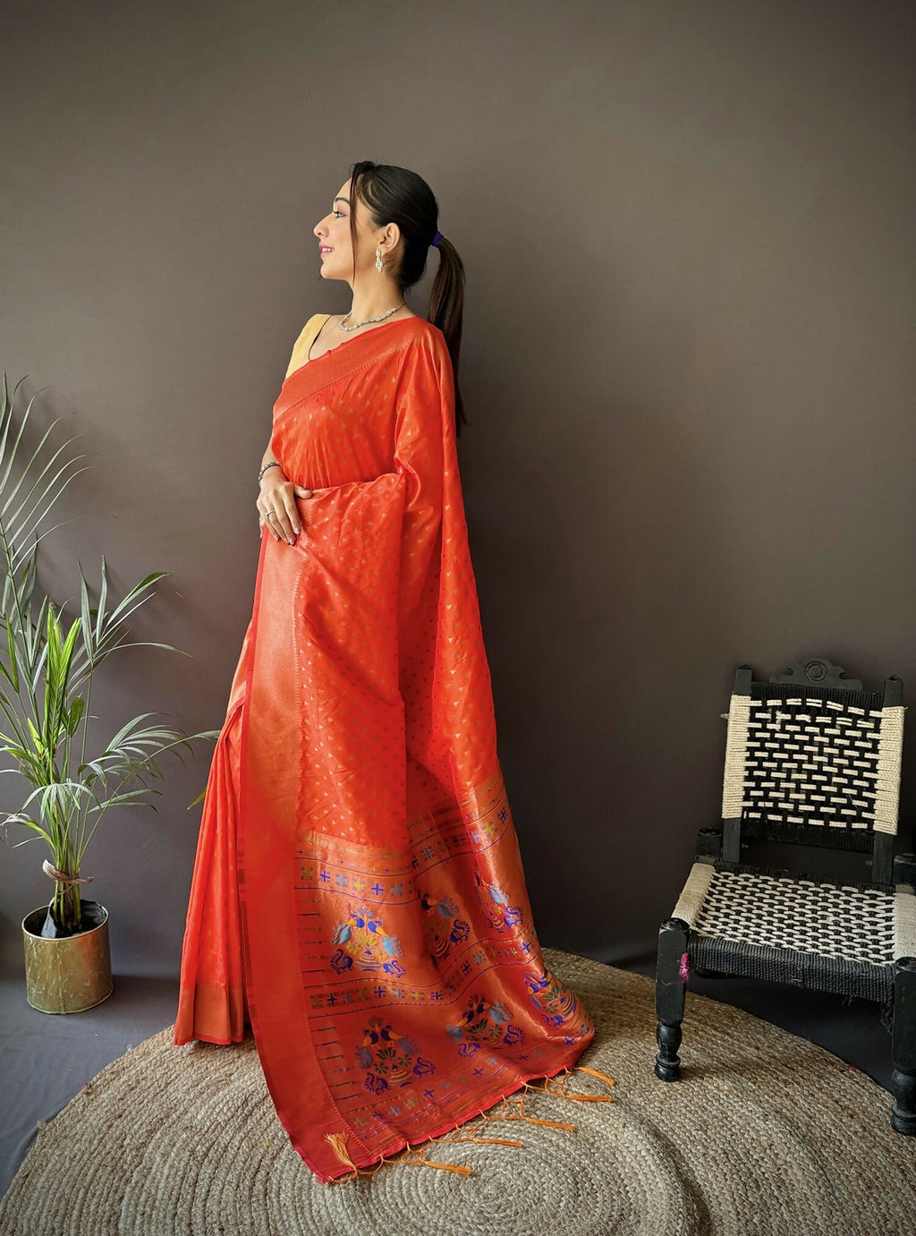 Orange Jacquard Butti Soft Lichi Silk Paithani Saree