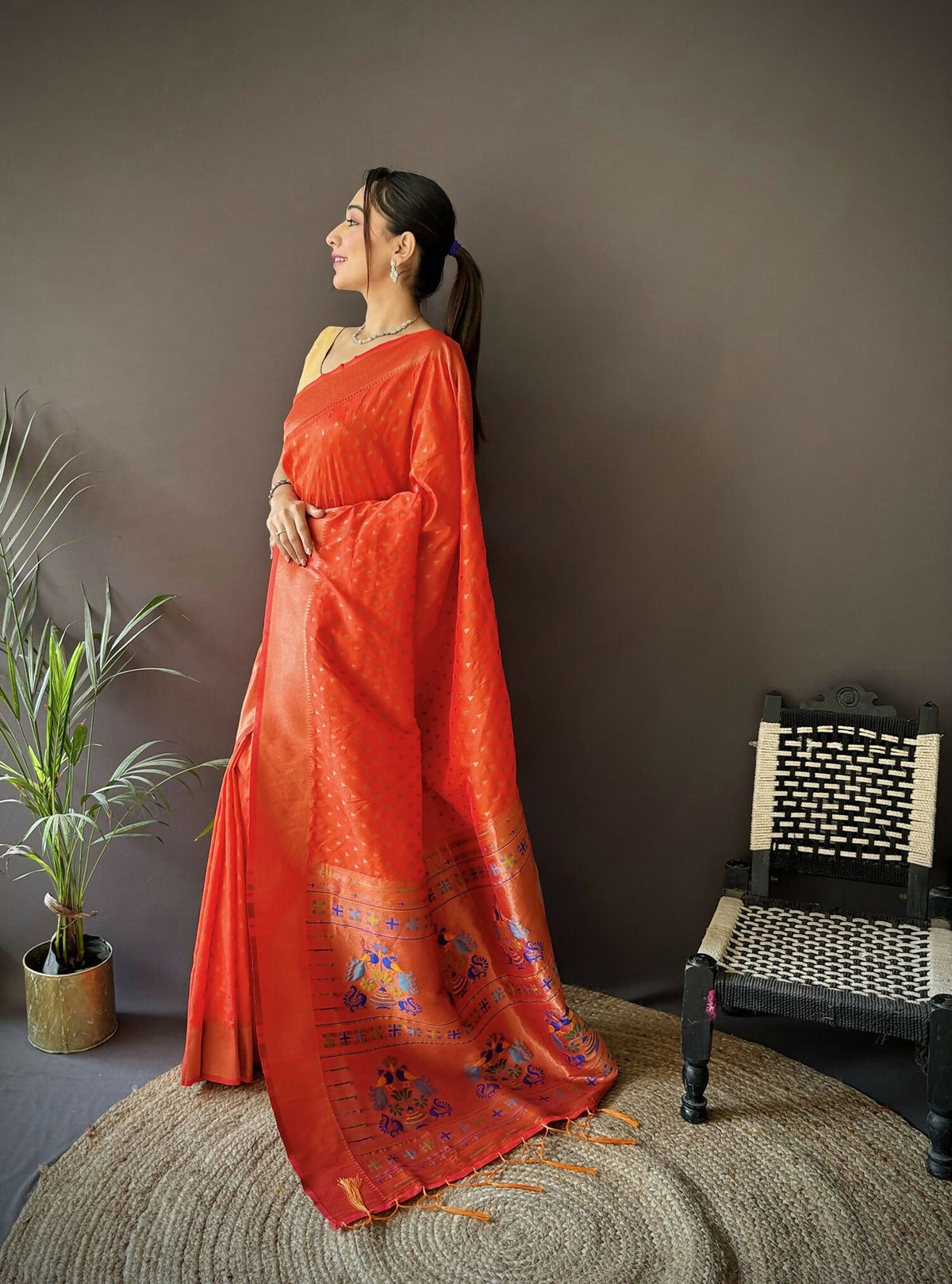 Orange Jacquard Butti Soft Lichi Silk Paithani Saree