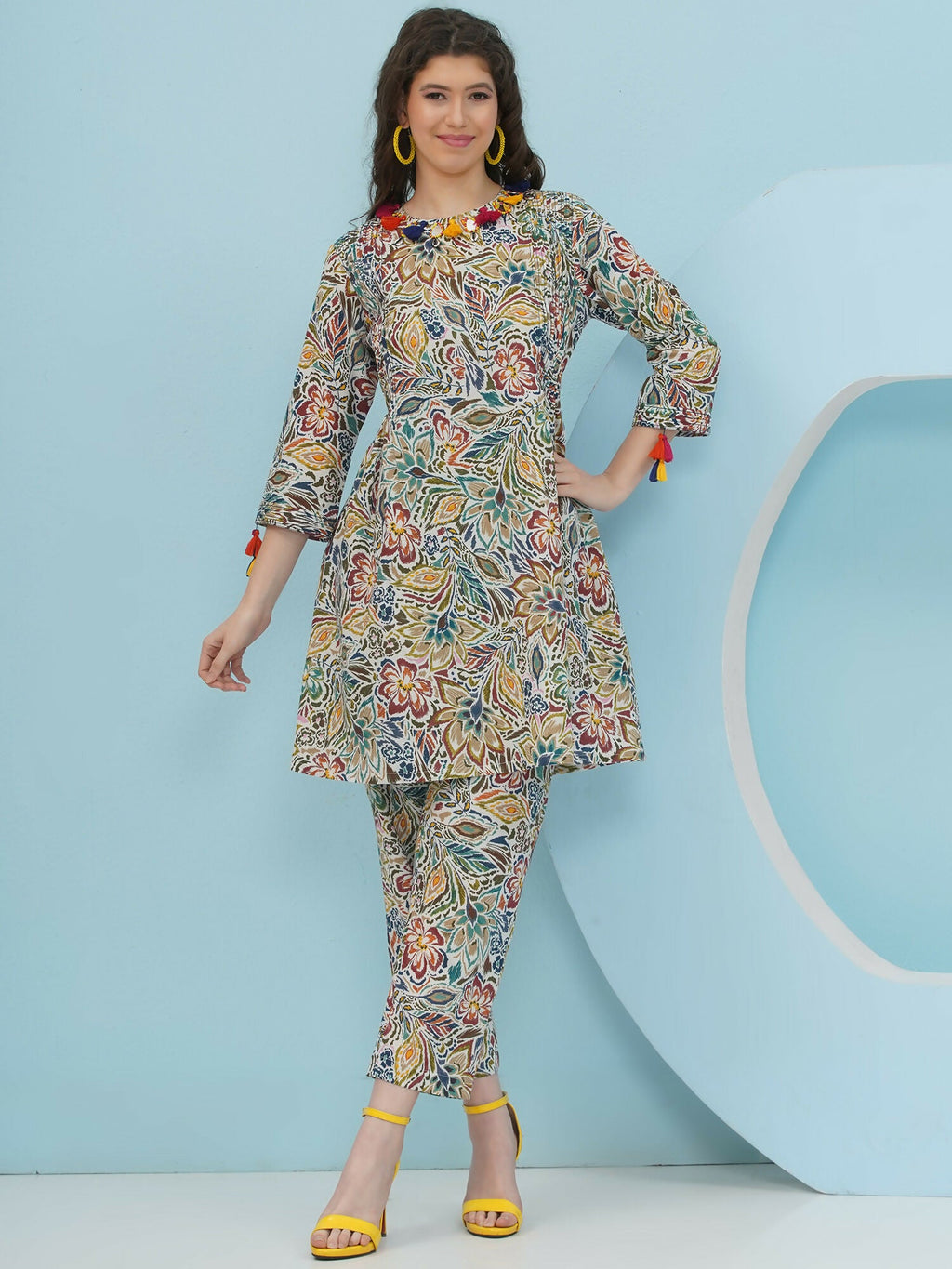 Floral Print Co Ord Set in Multi Color with Embellishment