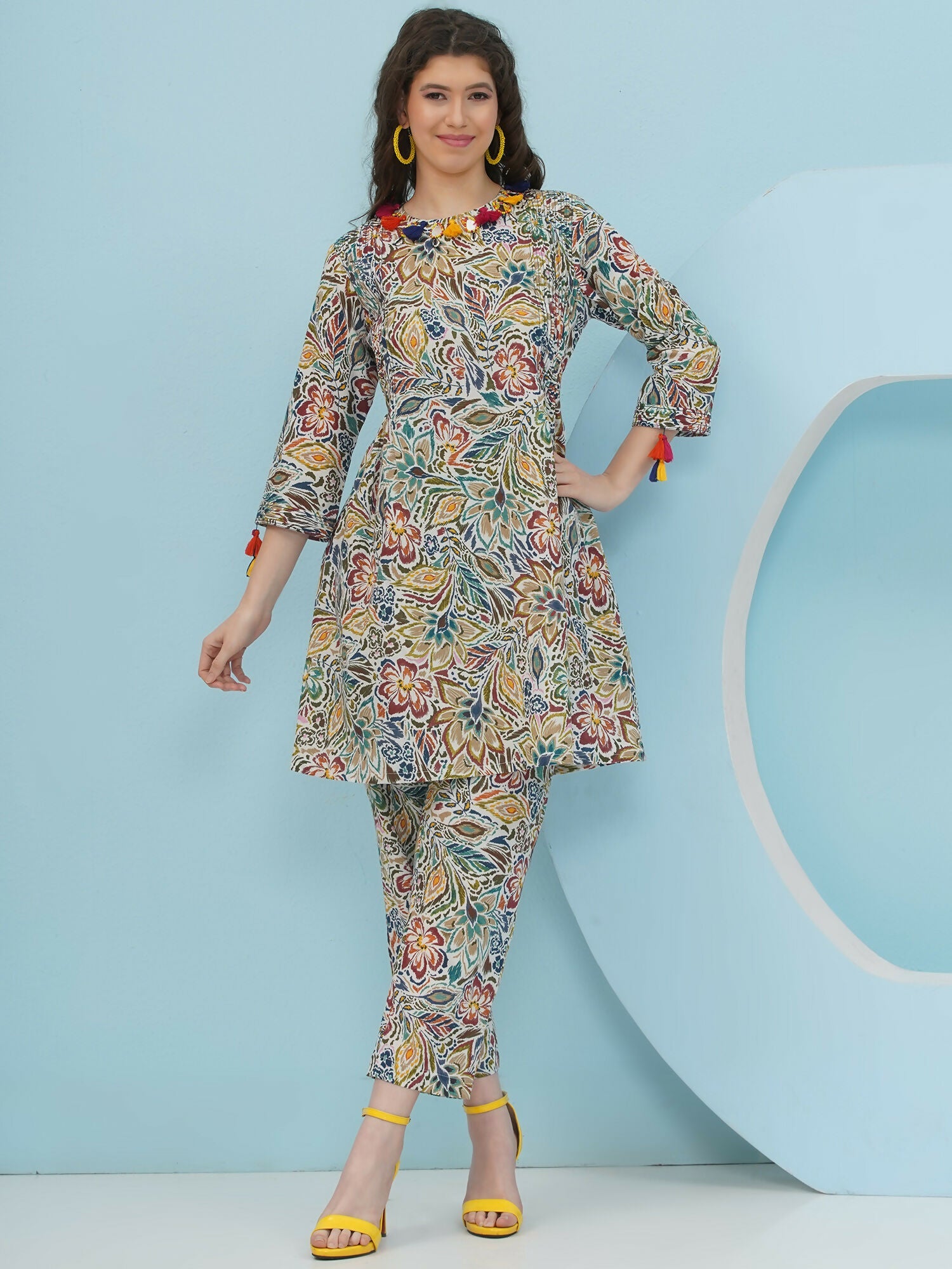 Floral Print Co Ord Set in Multi Color with Embellishment