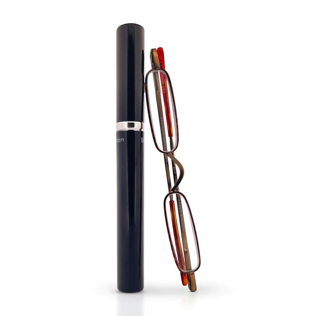 MicroVision Optical Original Mini Reader Reading Glasses With Tube Case Durable Stainless Steel Frame For Women and Men Lightweight & Pocket-Sized Eyeglasses as Seen on Oprah Tortoise +1.00
