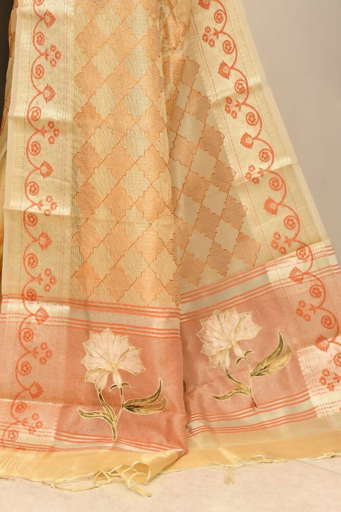 Light Orange Kota Tissue Saree with Embroidery & Appliqué Anchal