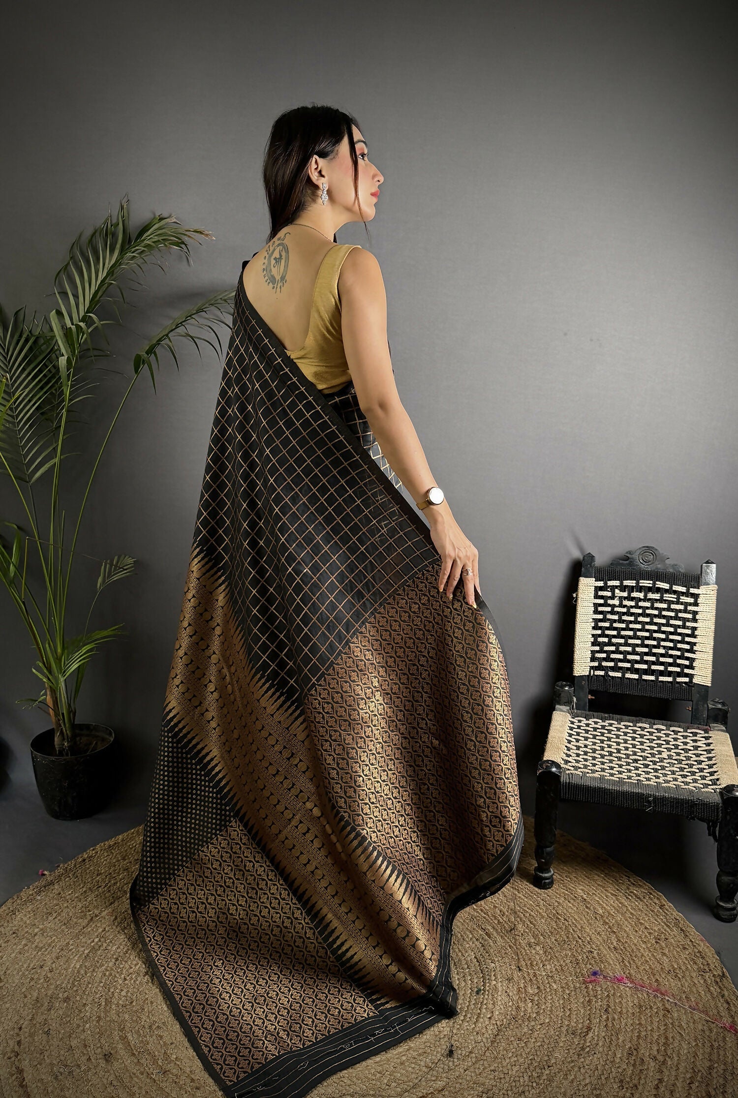 Black Banarasi Soft Lichi Silk Woven Checks Saree