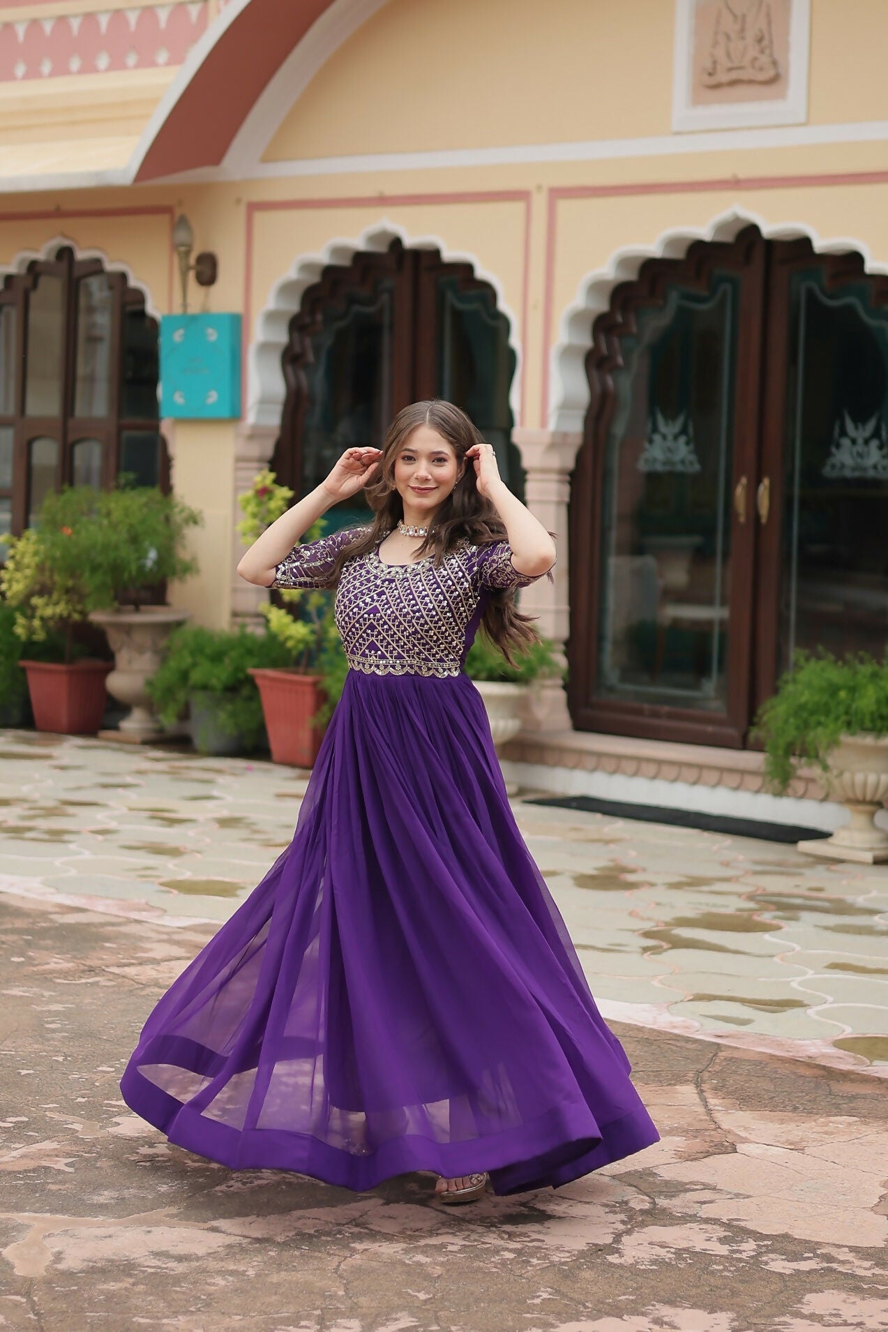 Purple Georgette Gown with Detailed Sequence Embroidery