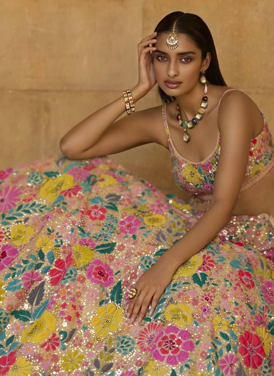 Multicolor Georgette Lehenga Choli with 5mm Sequins Embroidery