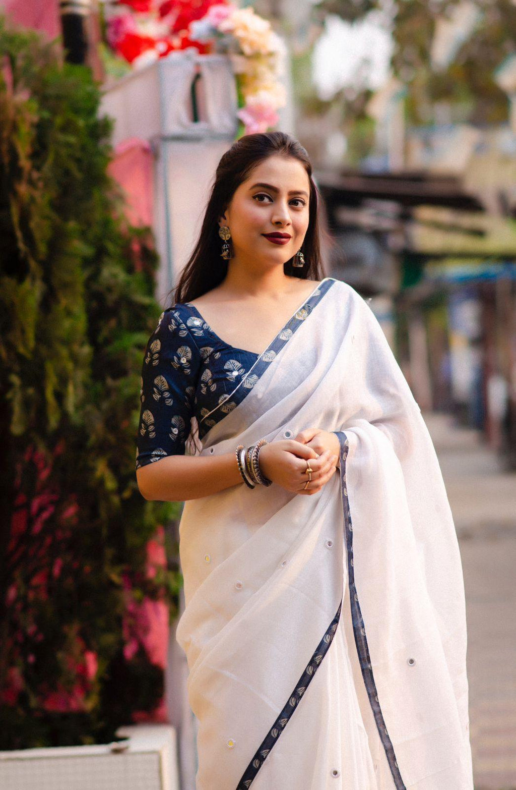 White Pure Linen Saree with Mirror Work and Jute Silk Blouse