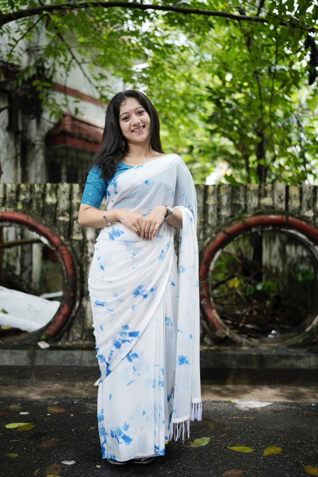 Blue Poly Georgette Tie and Dye Saree with Unstitched Blouse - Hiral Fashion