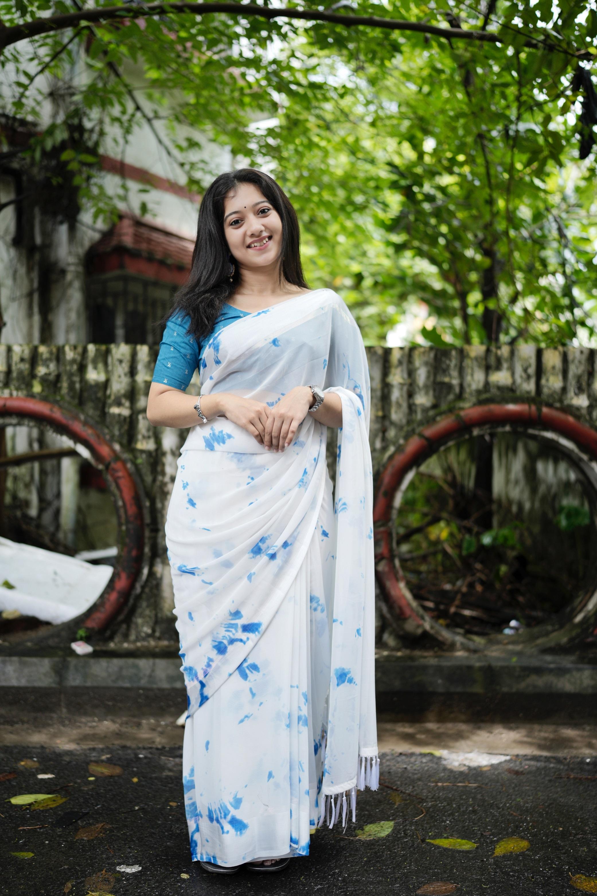 Blue Poly Georgette Tie and Dye Saree with Unstitched Blouse - Hiral Fashion