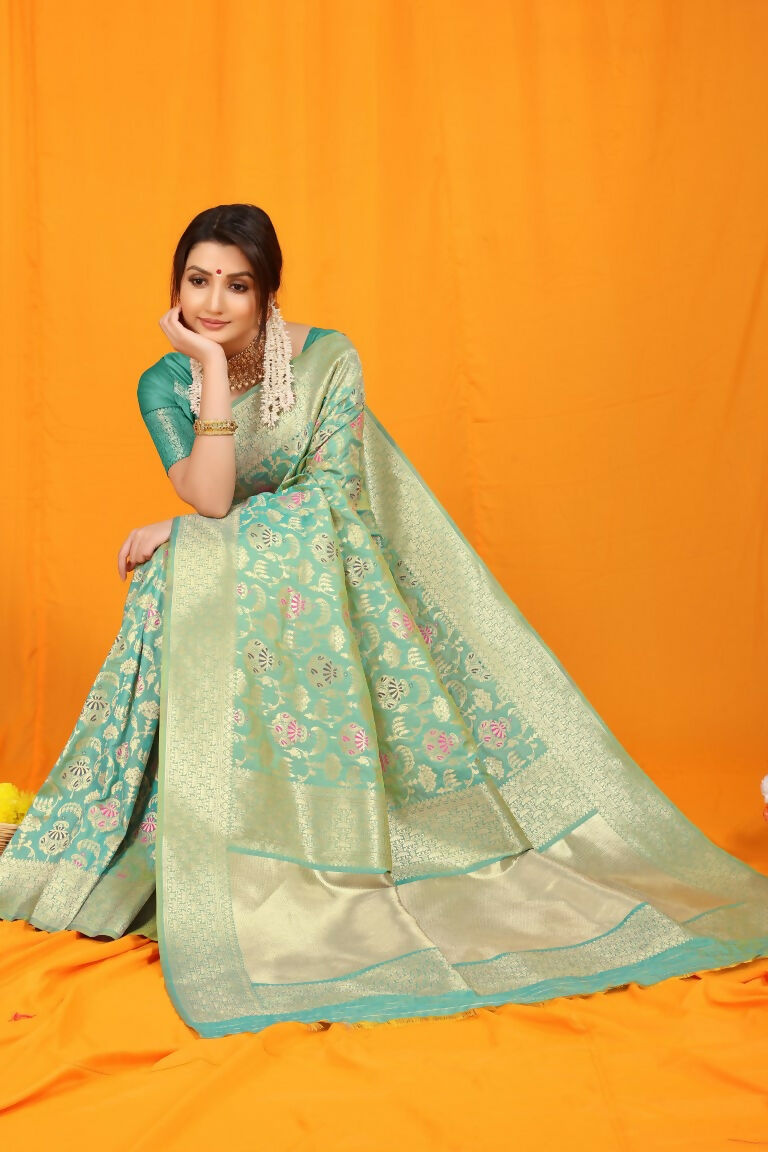Women's Sea Green Kanjivaram Silk Zari Woven Saree with Blouse
