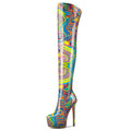 Aachcol Patent Leather Over The Knee Stiletto Boots Platform Thigh High Boots Round Toe Side Zipper Sexy Dress High Heel Boots 5.9 Inches Heels Colorful Graffiti 10 M US