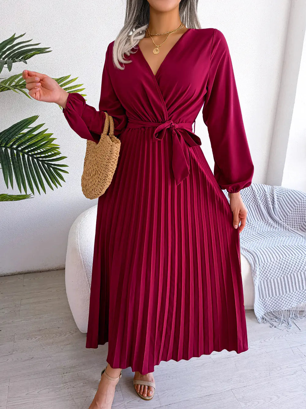 Women's V-Neck Long Sleeve Pleated Maxi Dress with Tie Waist - Image 44