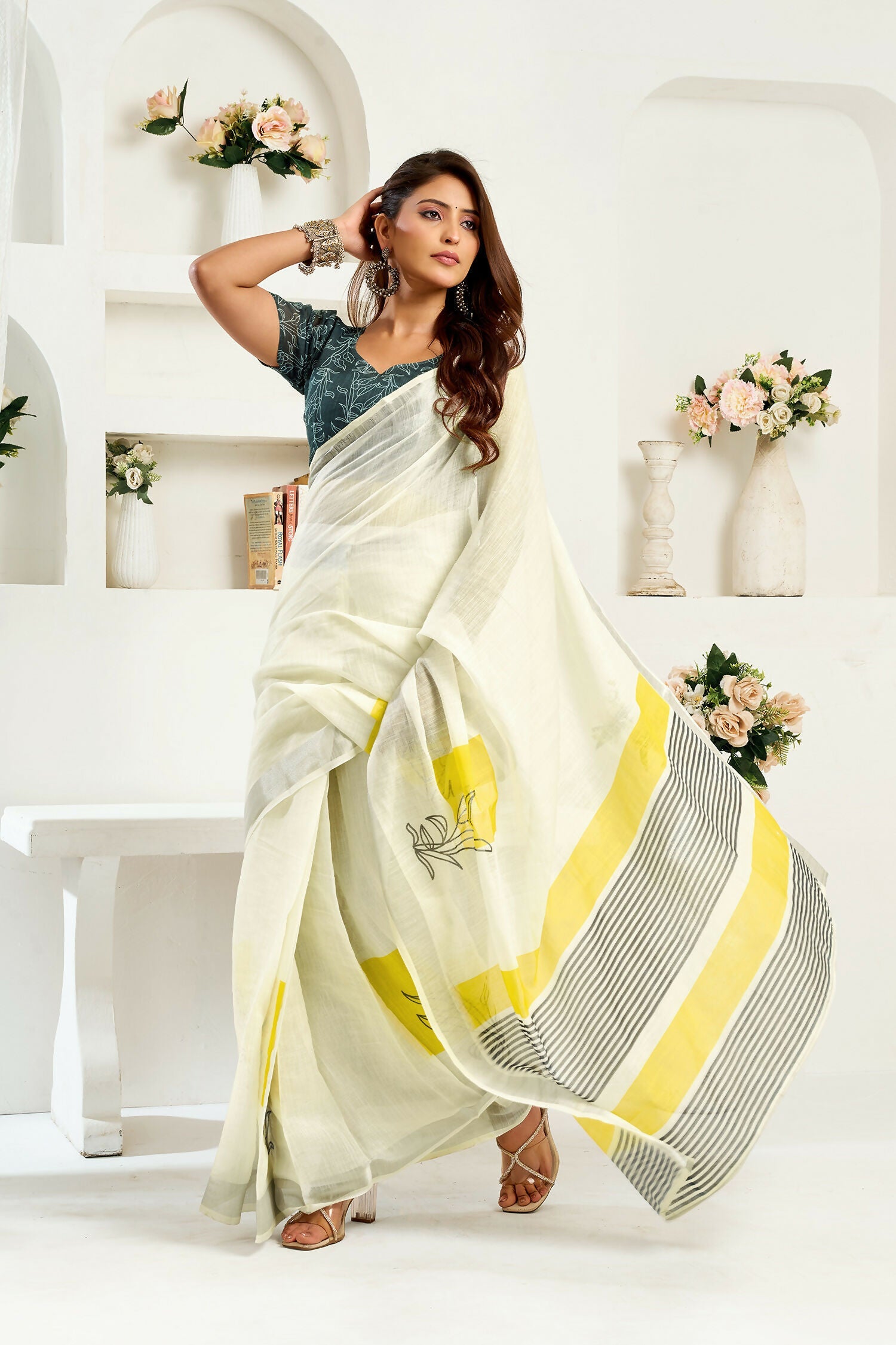 Off-white striped linen ready-to-wear saree with dark grey unstitched blouse
