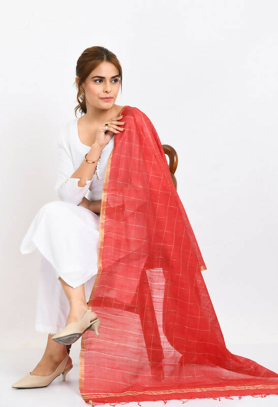 Red Cotton Zari Box Pattern Dupatta for Daily Ethnic Wear