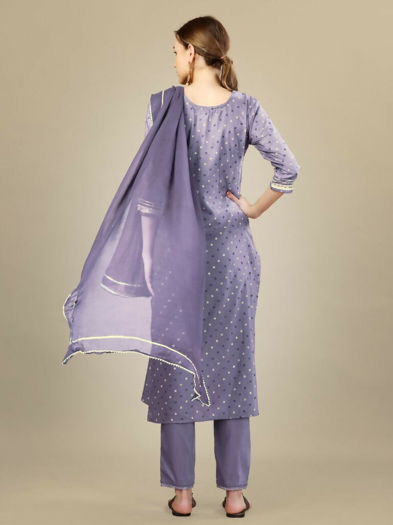 Lavender Silk Blend Embroidered Kurta Set with Trousers and Dupatta
