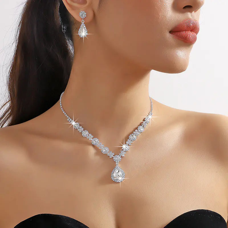 Bridal Jewelry Set with Crystal Drop Necklace & Earrings