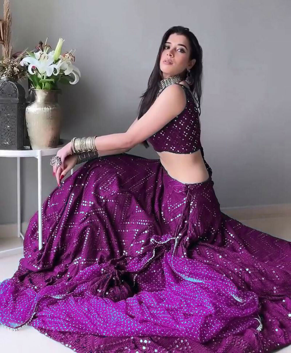 Wine Faux Georgette Thread Embroidered Designer Lehenga Choli