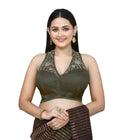 Dark Green Art Silk blouse with intricate embroidery, stitched.
