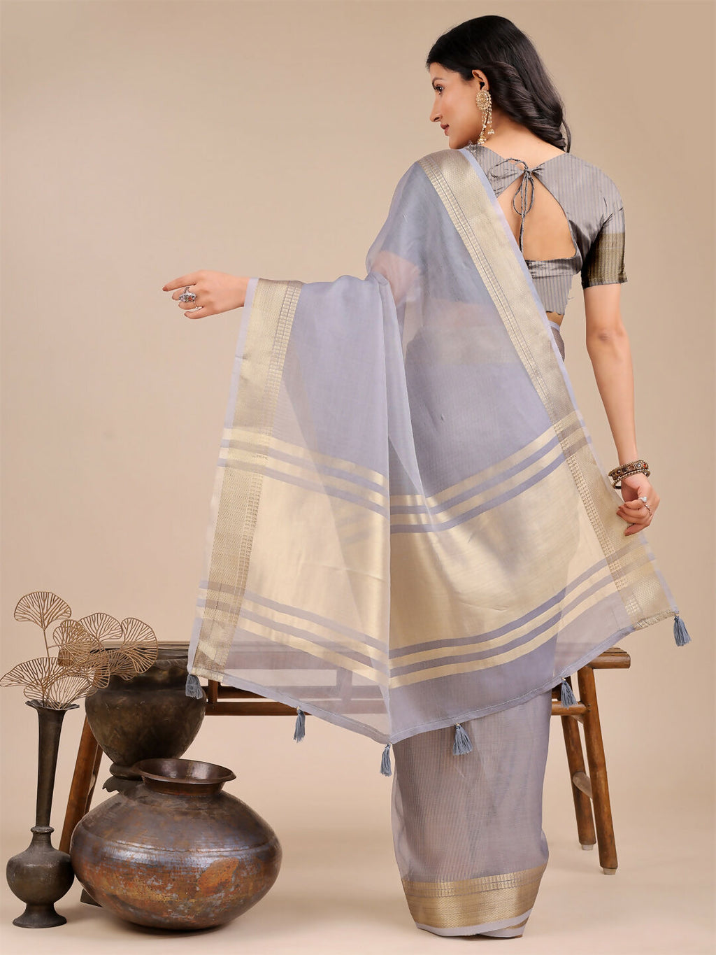 Seoul Grey Organza Saree with Matching Blouse Piece