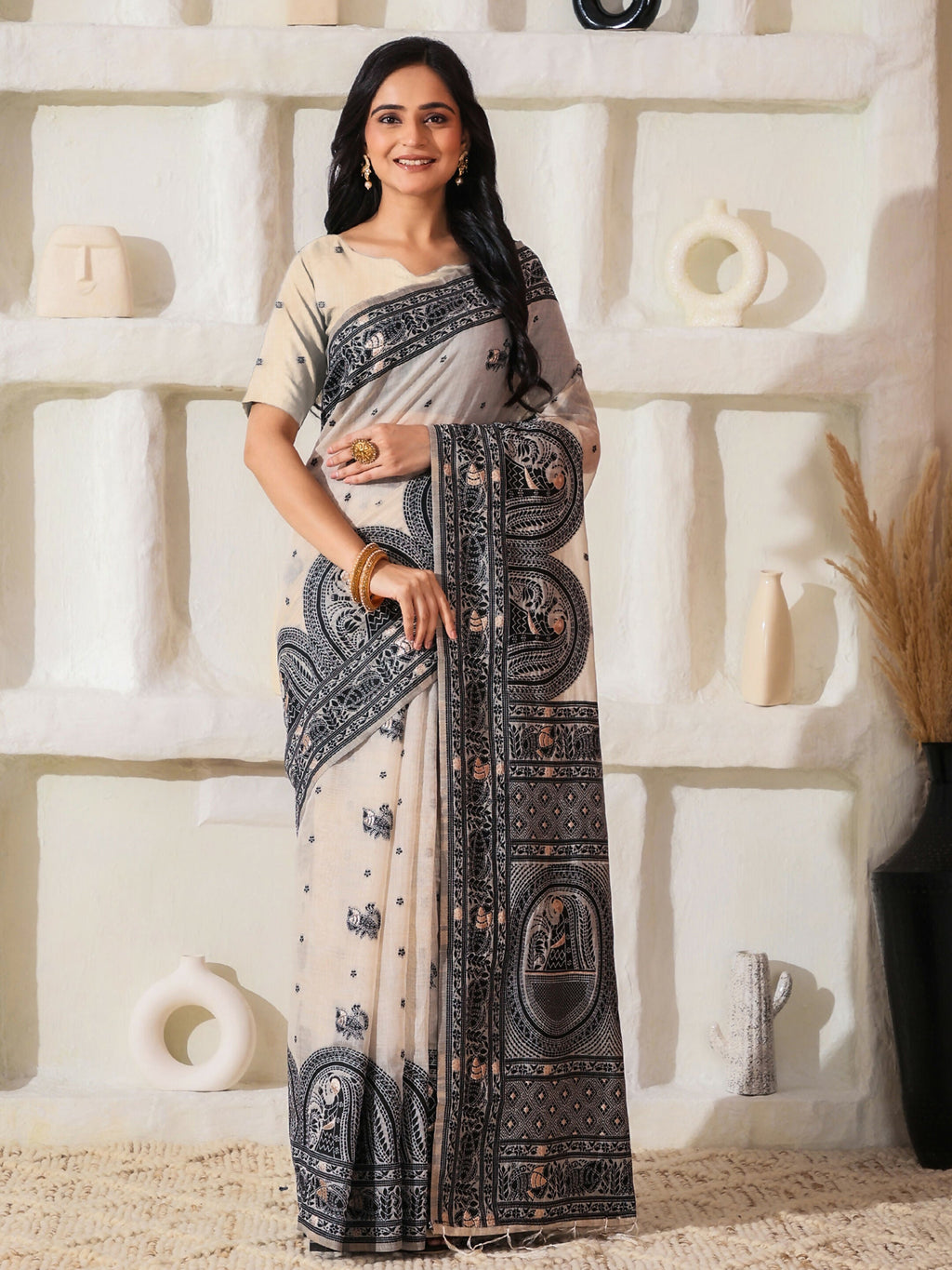 Black and Cream Linen Cotton Saree with Matching Blouse