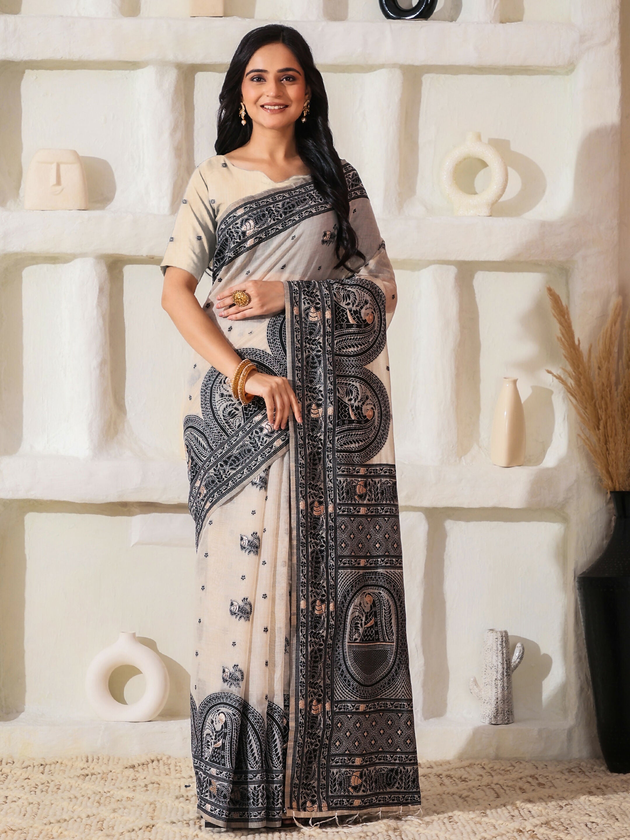 Black and Cream Linen Cotton Saree with Matching Blouse