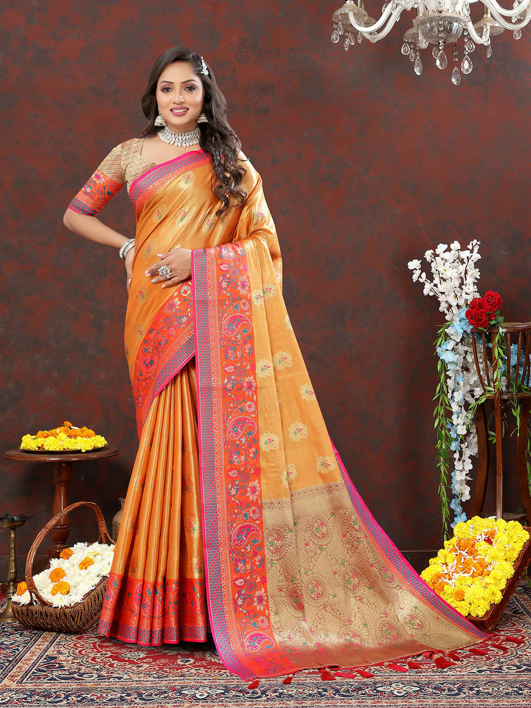 Orange Kanjivaram Silk Saree with Traditional Zari Woven Design