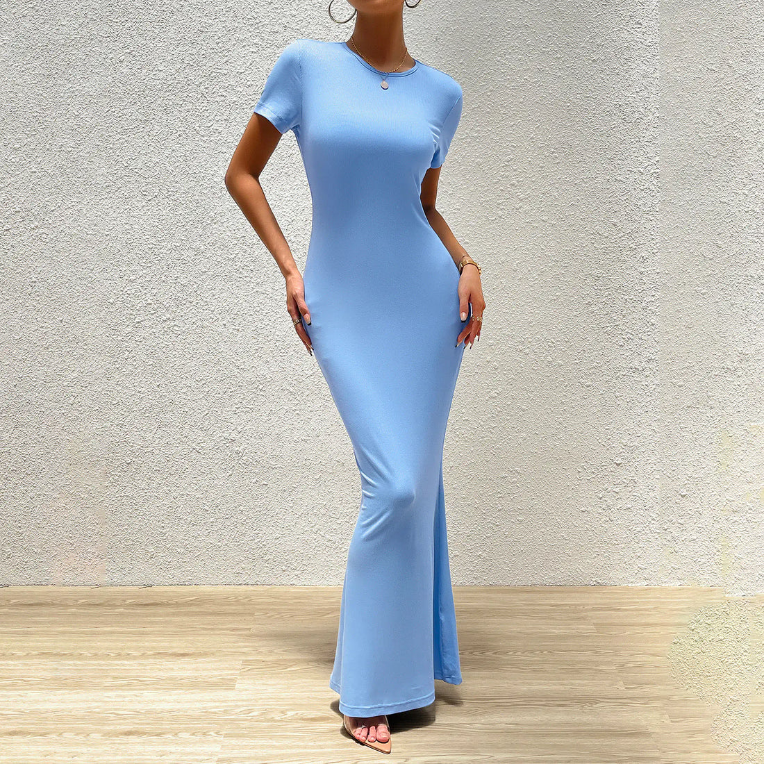 Women's Solid Color Round Neck Short Sleeve Slim Maxi Dress - Image 12