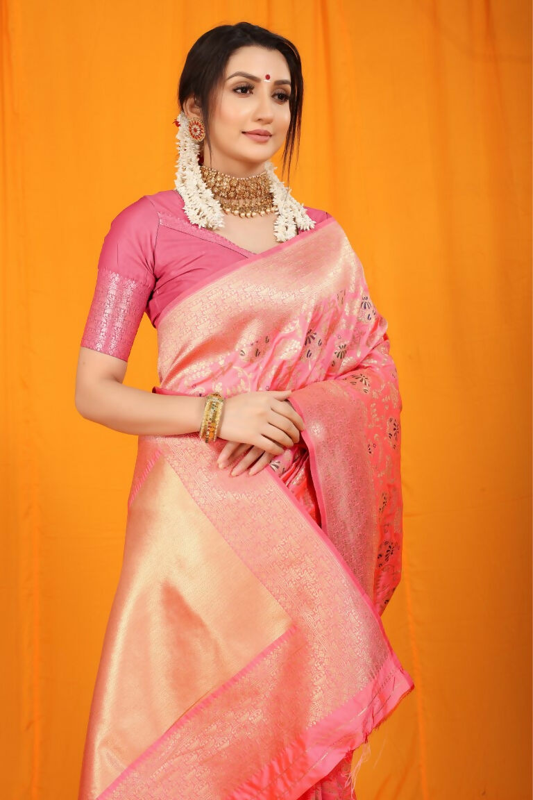 Pink Kanjivaram Silk Zari Woven Saree with Matching Blouse