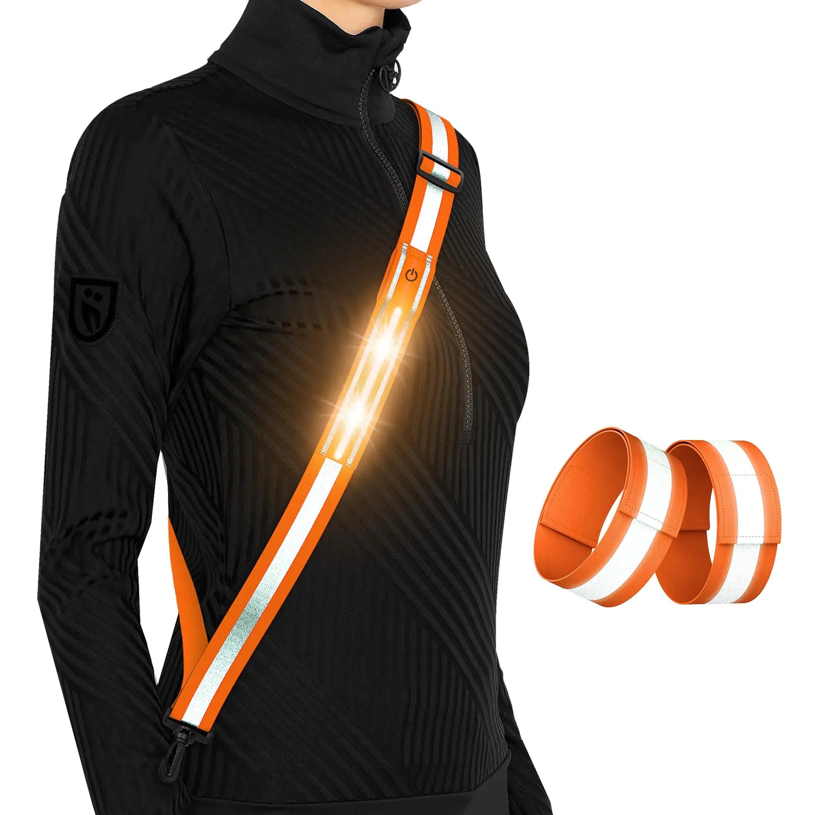 LED Reflective Running Gear High Visibility Reflective Belt Sash with Armband for Walking at NightAdjustable Running Safety Gear Light Up Running Belt for Runners Walkers Men Women (Orange)