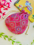Pink synthetic fabric potli bag for ethnic wear, 8x8 inches