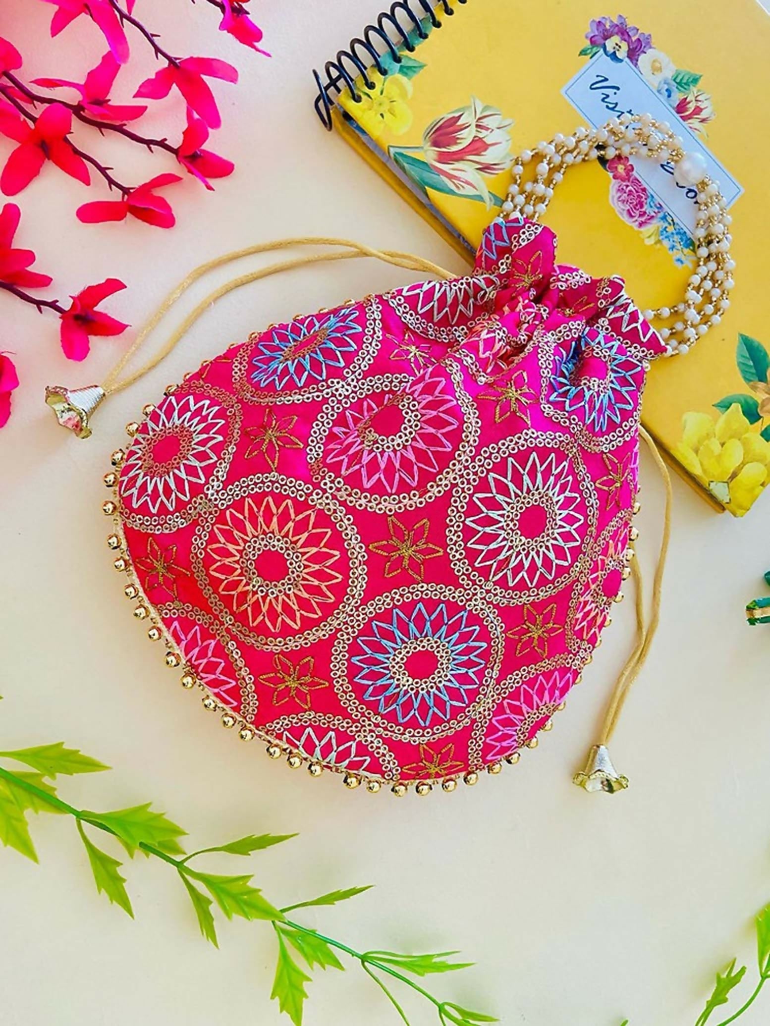 Pink synthetic fabric potli bag for ethnic wear, 8x8 inches
