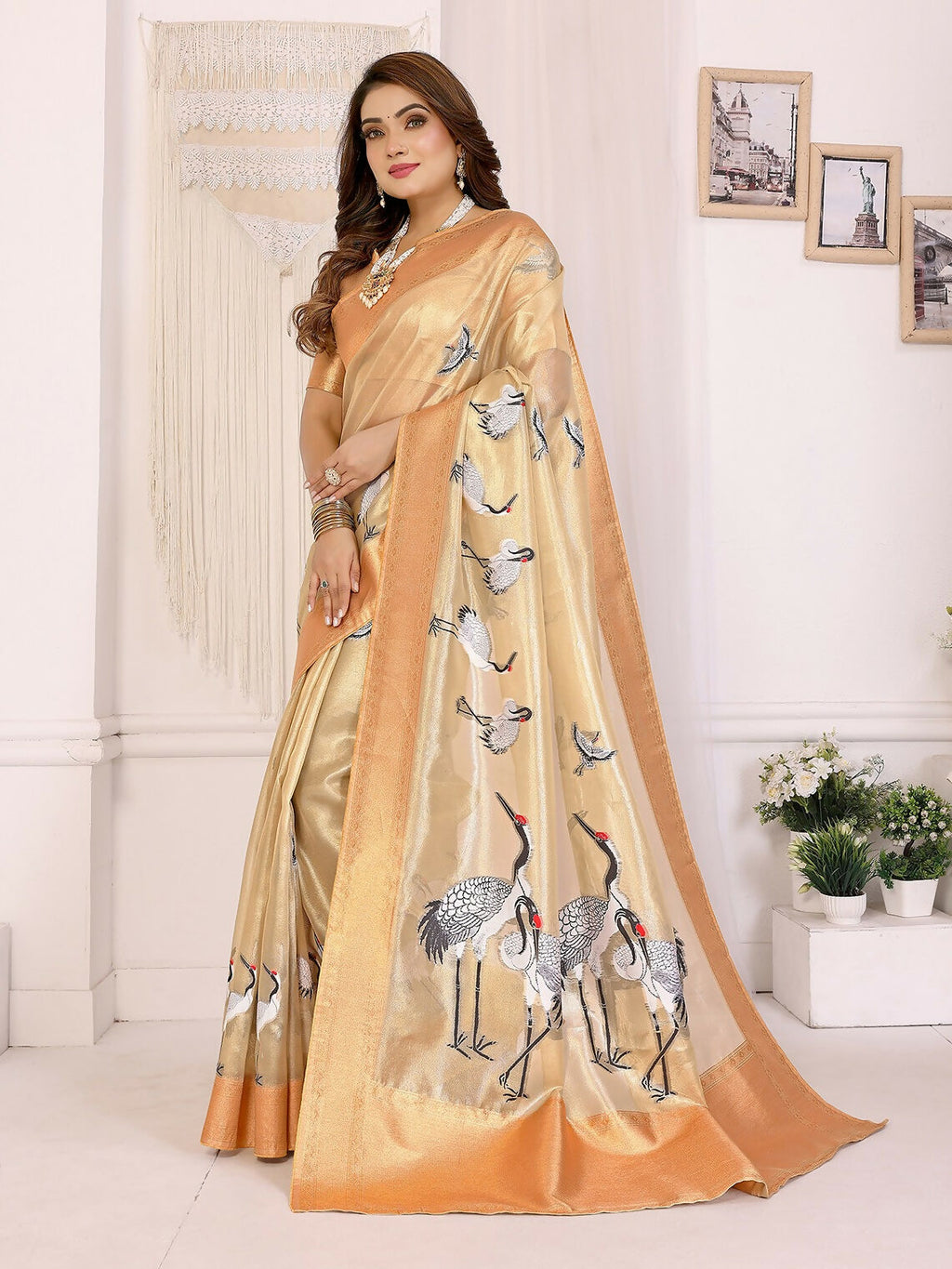 Golden Crane Pattern Banarasi Silk Saree in Gold and White