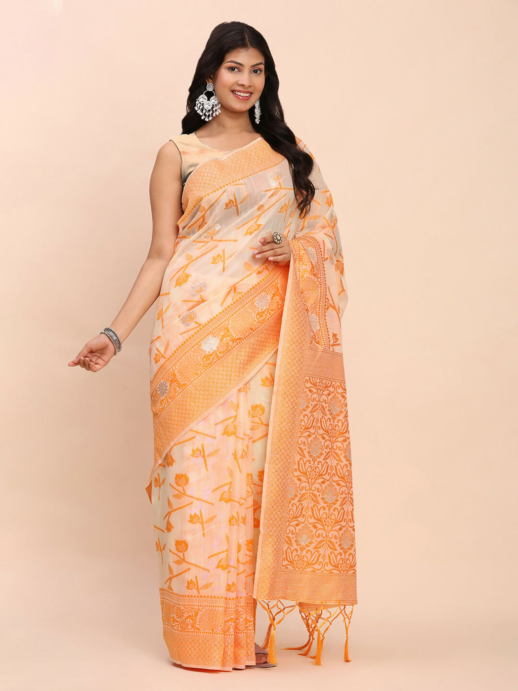 Vibrant Orange Linen Cotton Saree for Daytime Events