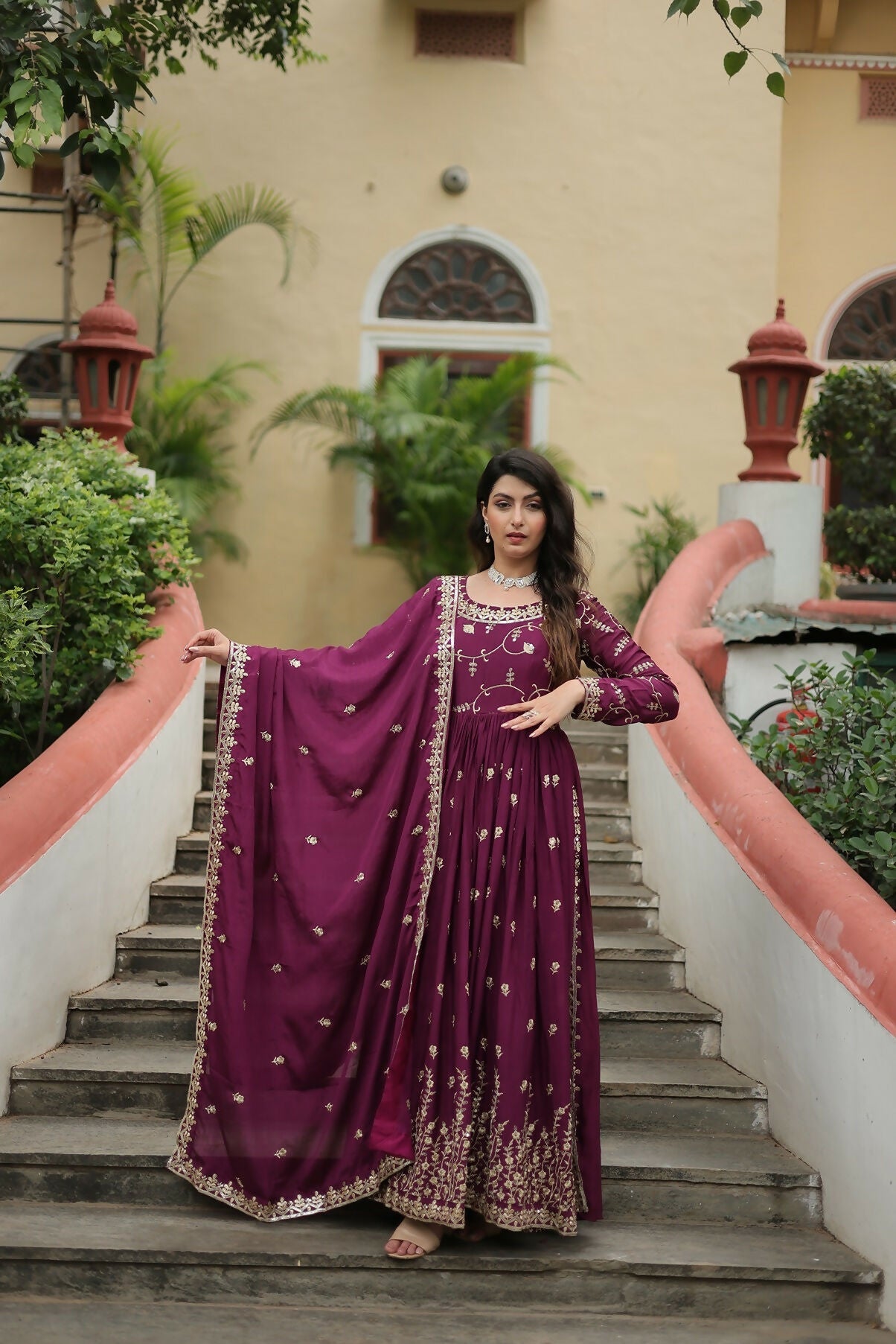 Joban Fashion Wine chinon Sequence Embroidery Work Kurta Set
