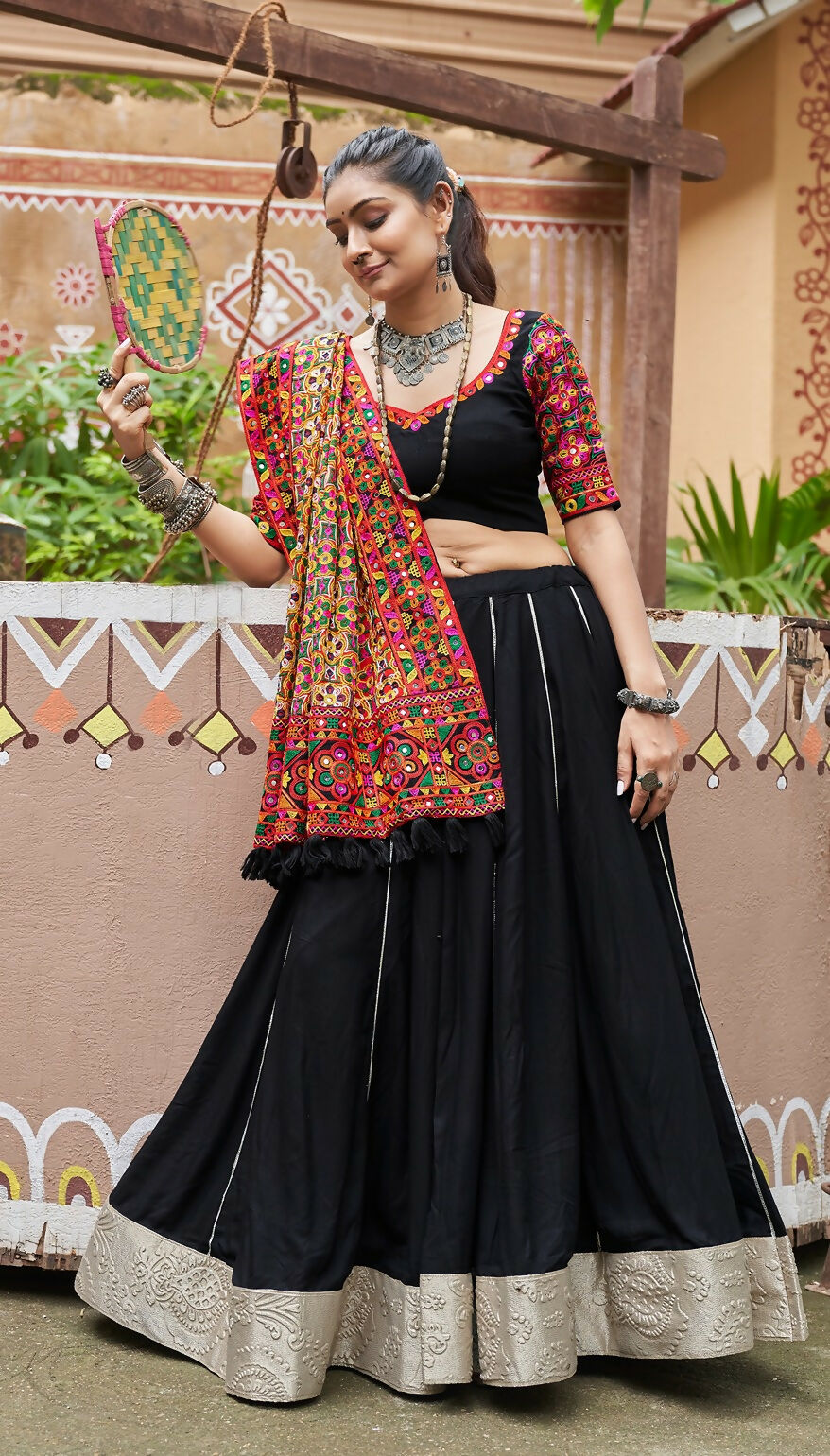 Black Viscose Rayon Designer Navratri Lehenga Choli