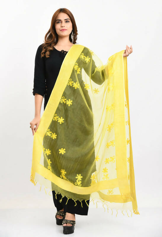 Lemon yellow organza dupatta with detailed chikan embroidery work