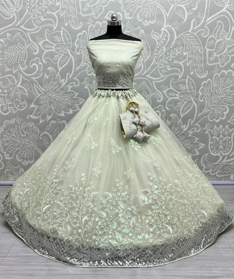 Sea Green Bridal Net Sequins Embroidered Wedding Lehenga Choli