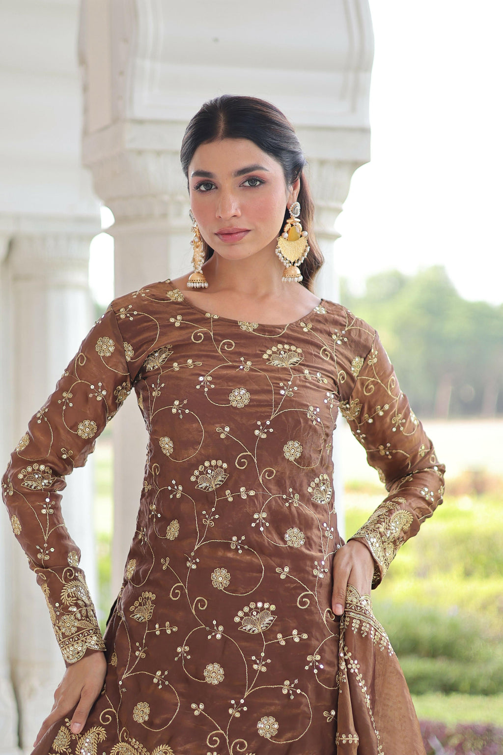 Coffee Silk Readymade Kurta Set with Sequins Embroidery Work