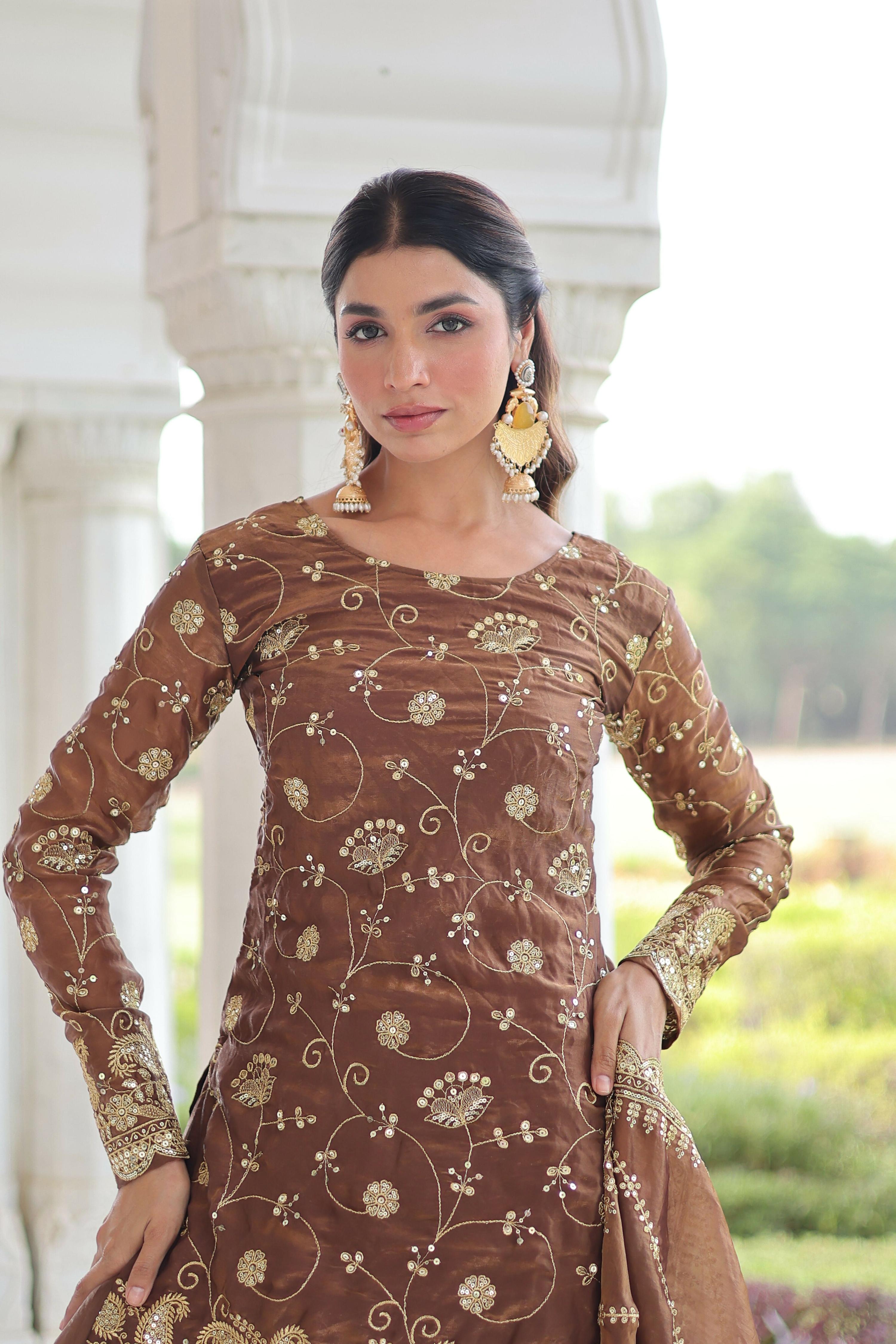 Coffee Silk Readymade Kurta Set with Sequins Embroidery Work