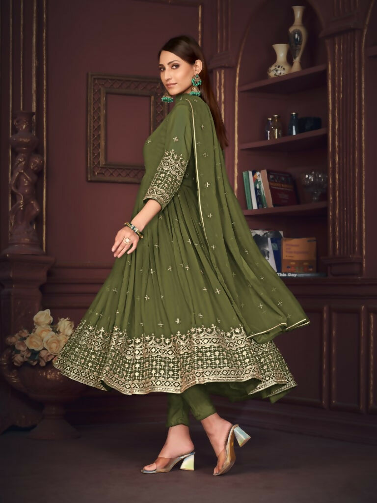 Women's Olive Green Georgette Embroidered Anarkali Kurta Pant Set